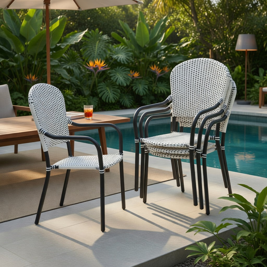 Hommoo 4-Pack Stackable Outdoor Dining Chairs, PE Rattan with Black Steel Frame, Weather-Resistant Patio Chairs for Garden, Poolside & Backyard, White