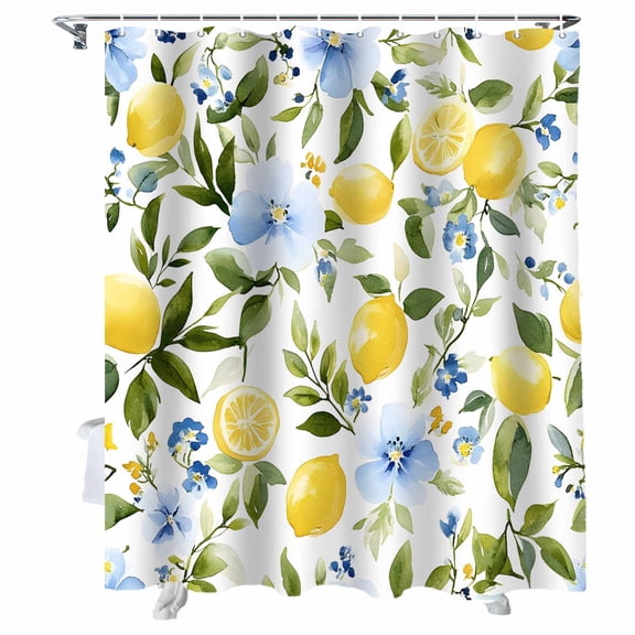 Shower Curtains Yellow Lemon Blue Flowers Bath Curtain Watercolor Leaf Plant Waterproof Bathroom Shower Curtain Set with Hooks Decoration 36 x 72 Inches