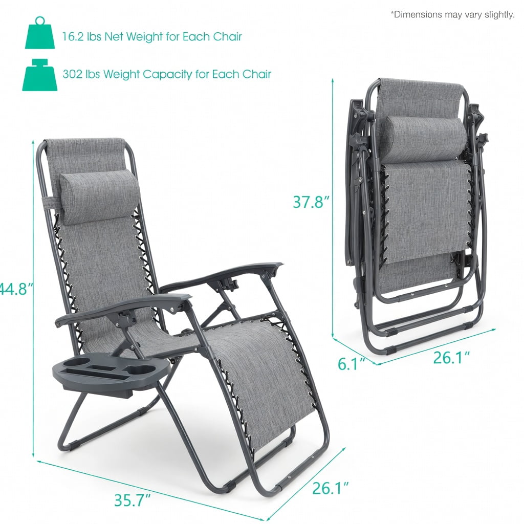 Hommoo 2-Pack Zero Gravity Folding Recliner Lounge Chairs with Adjustable Headrest, Removable Tray & Breathable Waterproof Fabric, Black