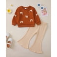 thumbnail image 3 of KIMI BEAR 2T Toddler Girl Outfit Set 3T Child Girls Winter Clothes Long Sleeves Bowknot Pullover Top Solid Color Flared Pants 2pcs Clothing Brown, 3 of 5