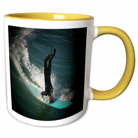 3drose, Huntington Beach Headstand Surfing, 11oz Two-tone Yellow Mug