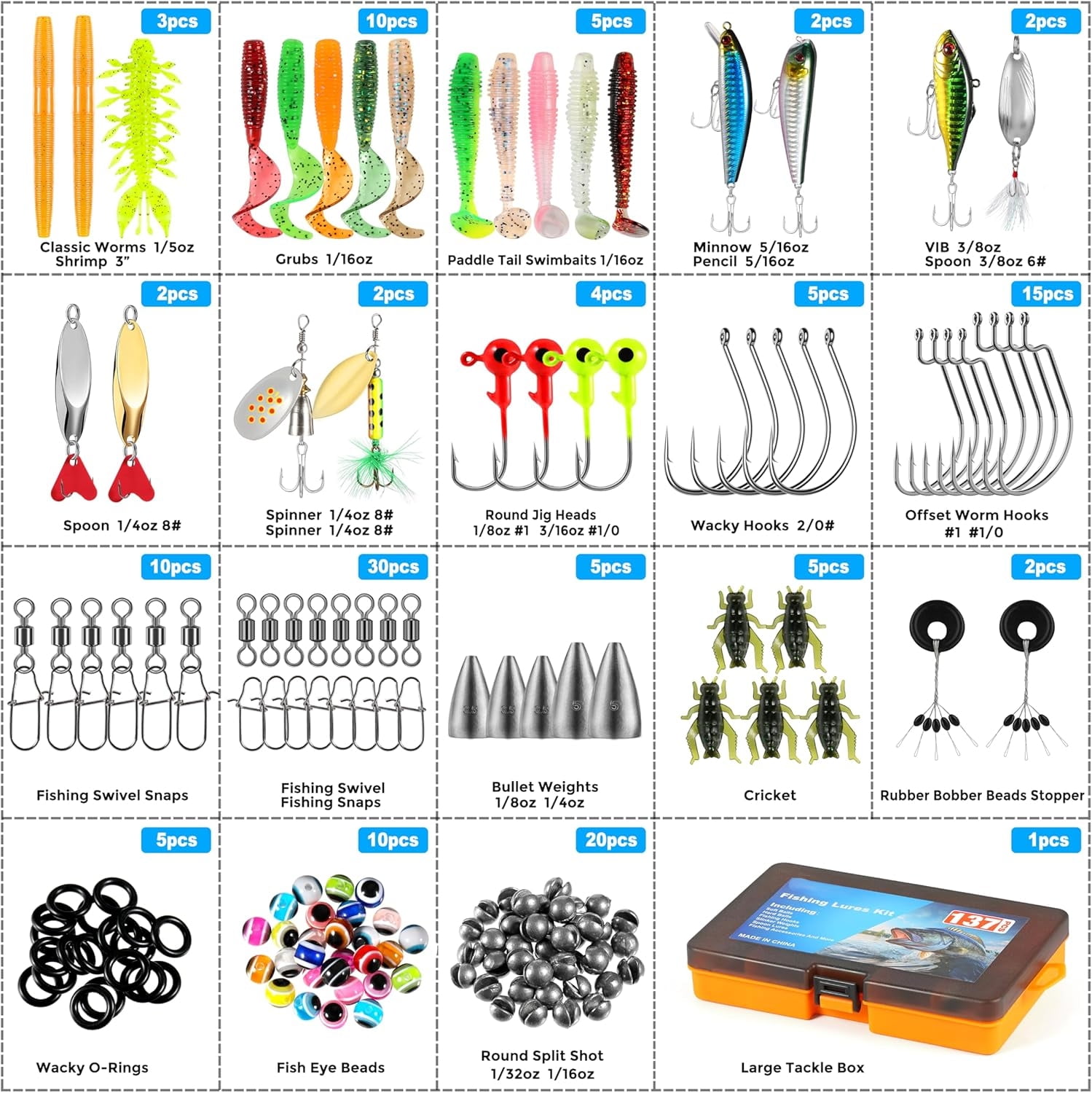 Fishing Lures, 137Pcs Tackle Box with Tackle Included, Crankbaits, Spoon, Hooks, Weights & Other Accessories, Fishing Bait Lure Gear Kit Gift for Men Bass Freshwater