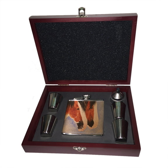 KuzmarK 6 oz. Leather Flask Set in Rose Wood Presentation Box -  Clydesdale Team Mates Draft Horse Art by Denise Every