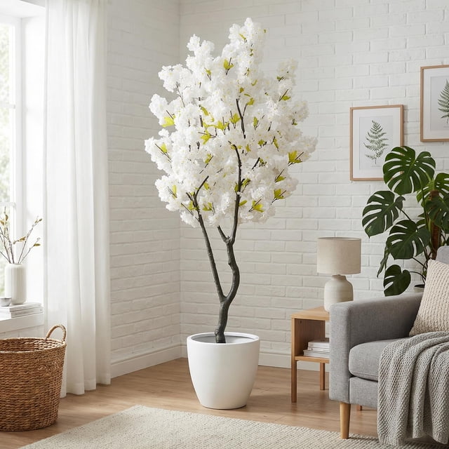 Árbol Sintético de Flor de Cerezo Blanco – 6.5 Pies (78 pulgadas) de Altura, Estilo Japonés, en Maceta, Decoración Realista Hecha a Mano, Planta Artificial Natural