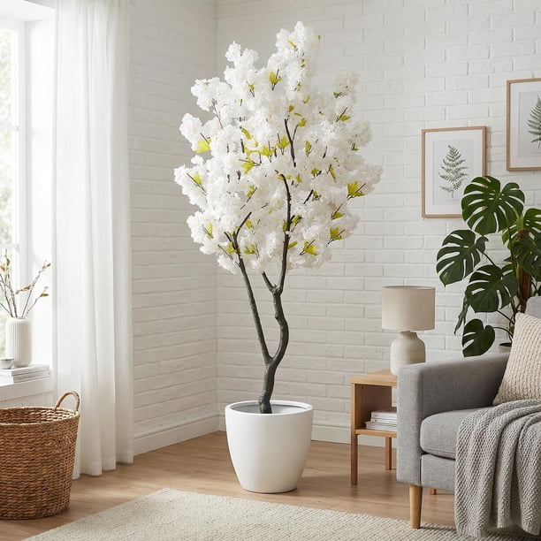 Árbol Sintético de Flor de Cerezo Blanco – 6.5 Pies (78 pulgadas) de Altura, Estilo Japonés, en Maceta, Decoración Realista Hecha a Mano, Planta Artificial Natural