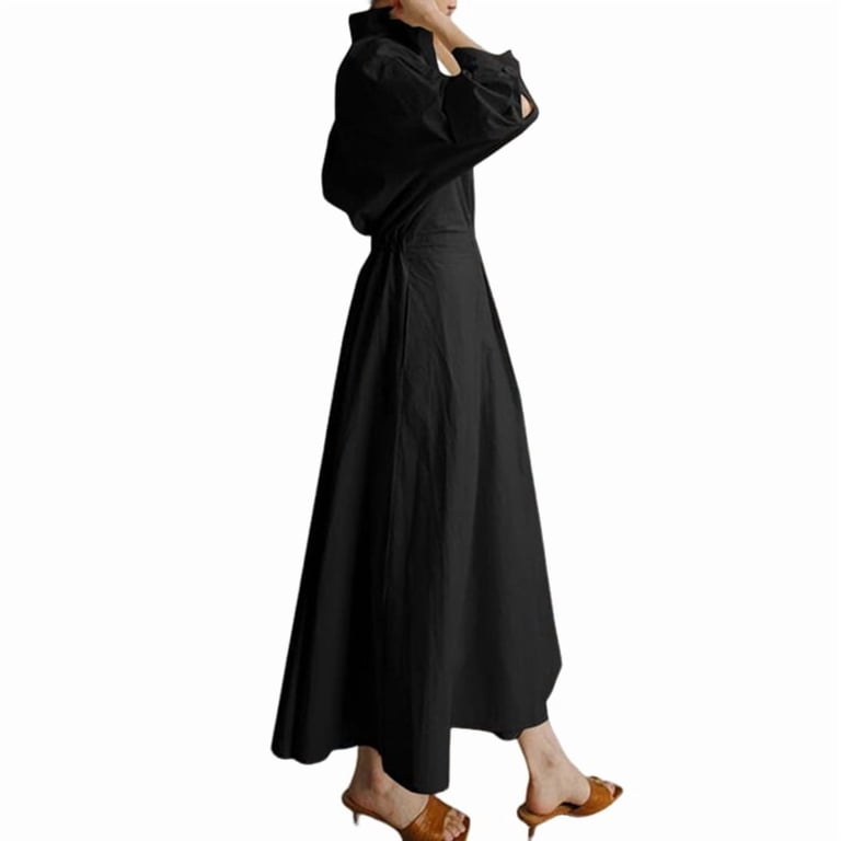 ladies collared dress Womens Cotton Button Down Maxi Tshirt Dress Ladies Collared Lapel Long  Sleeve Dresses Color S