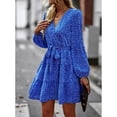 thumbnail image 4 of Vestido midi de manga larga con escote en V y flores de color azul con lazo en la cintura para primavera/otoño, 4 of 8
