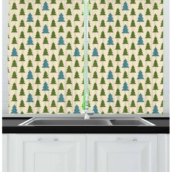 Geometric Forest Curtains 2 Panels Set, Fir Trees with Triangular Designs Winter Foliage, Window Drapes for Living Room Bedroom, 55W X 39L Inches, Eggshell Olive Green and Bluegrey, by Ambesonne