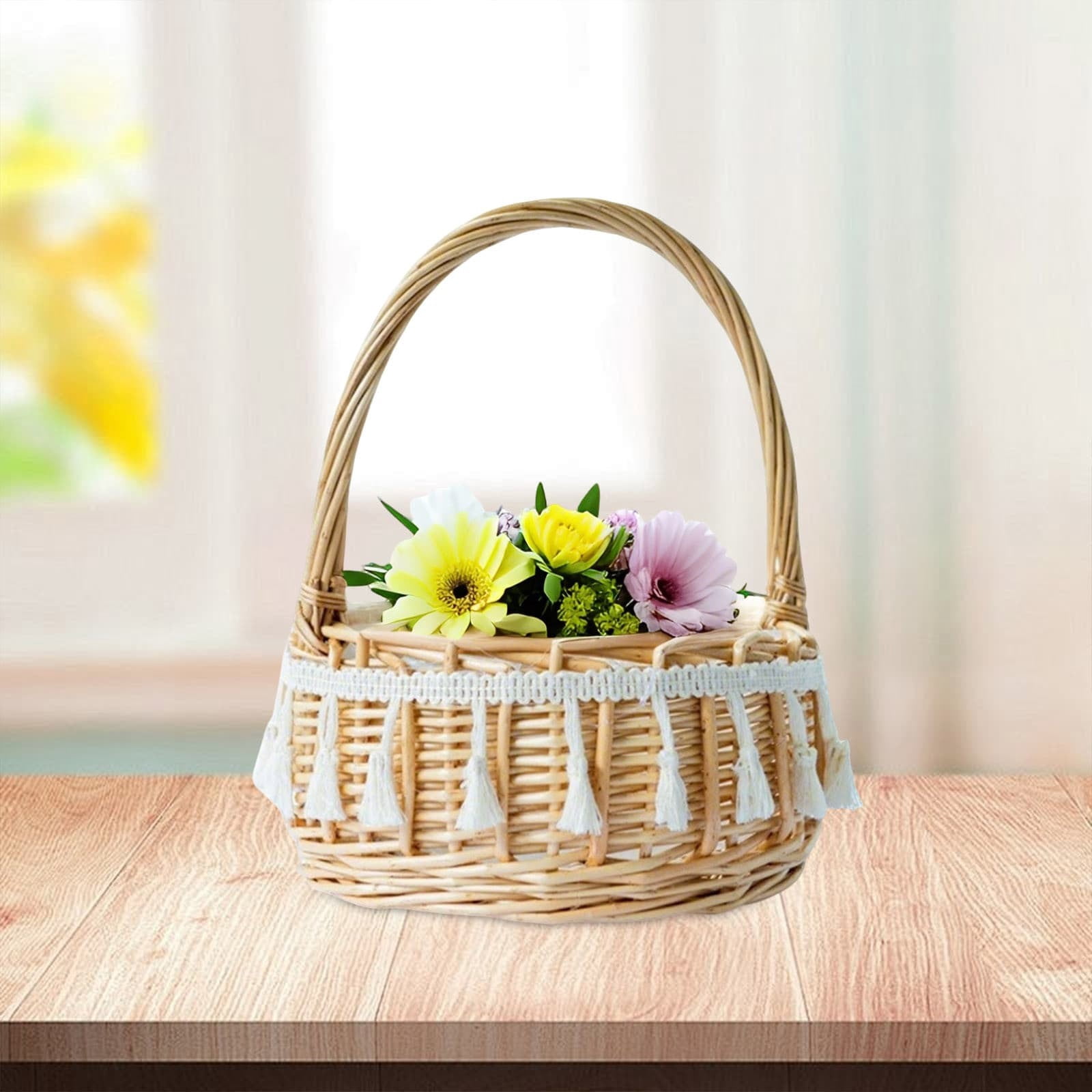 Eqslft Handwoven Wicker Flower Girl Basket with Tassel Lace, Natural Rattan Storage Basket with Handle, Boho Style Decorative Basket for Wedding, Easter, Picnic, Home Decor(Small)