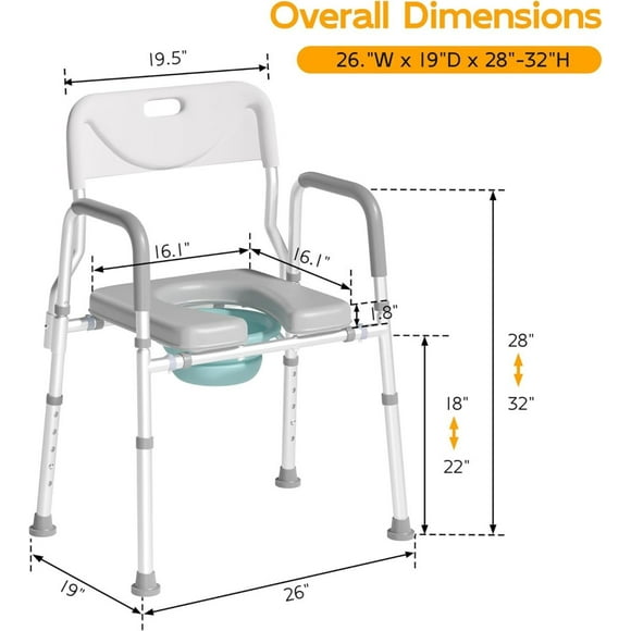 GJPF Raised Toilet Seat with Handles and Back,350lb Bedside Commode Chair with Arms, 4-in-1 Adjustable and Portable Bathroom Chair for Adults, Seniors, Elderly, Handicapped, Disabled