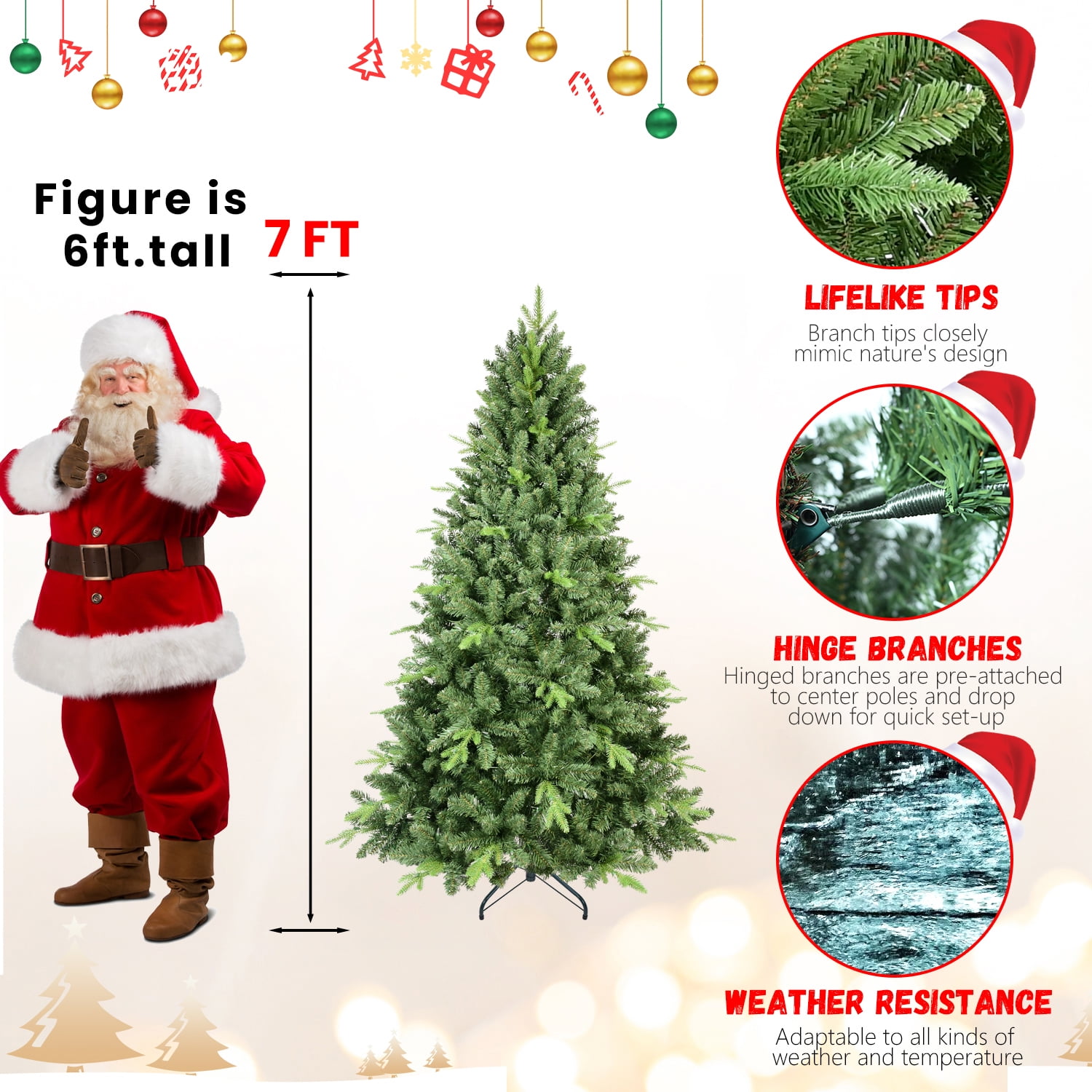 Resenkos 7ft Hinged Artificial Christmas Tree with Memory Wire Branches & Foldable Stand, Green