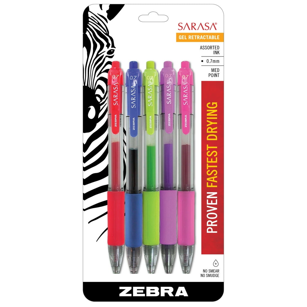 Zebra Pen Sarasa Retractable Gel Ink Pens, 0.7mm, Assorted Colors, 5Pack
