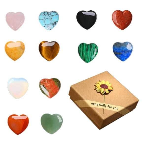 2025 & CISIL 12PCS Heart Crystals Stones, Crystal Quartz Gemstones Pocket Amethyst Natural Hearts Stone Balancing Love Mother's Day Gifts For Women 0.8in