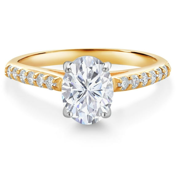Gem Stone King 10K Yellow and White Gold White Moissanite and White Lab Grown Diamond Engagement Ring for Women (1.68 Cttw, Oval 8X6MM, Gemstone Birthstone, Size 6)