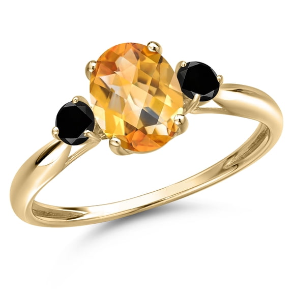 Gem Stone King 10K Yellow Gold Yellow Citrine and Black Diamond 3-Stone Ring for Women | 1.45 Cttw | Oval Checkerboard 8X6MM | Gemstone November Birthstone | Size 8