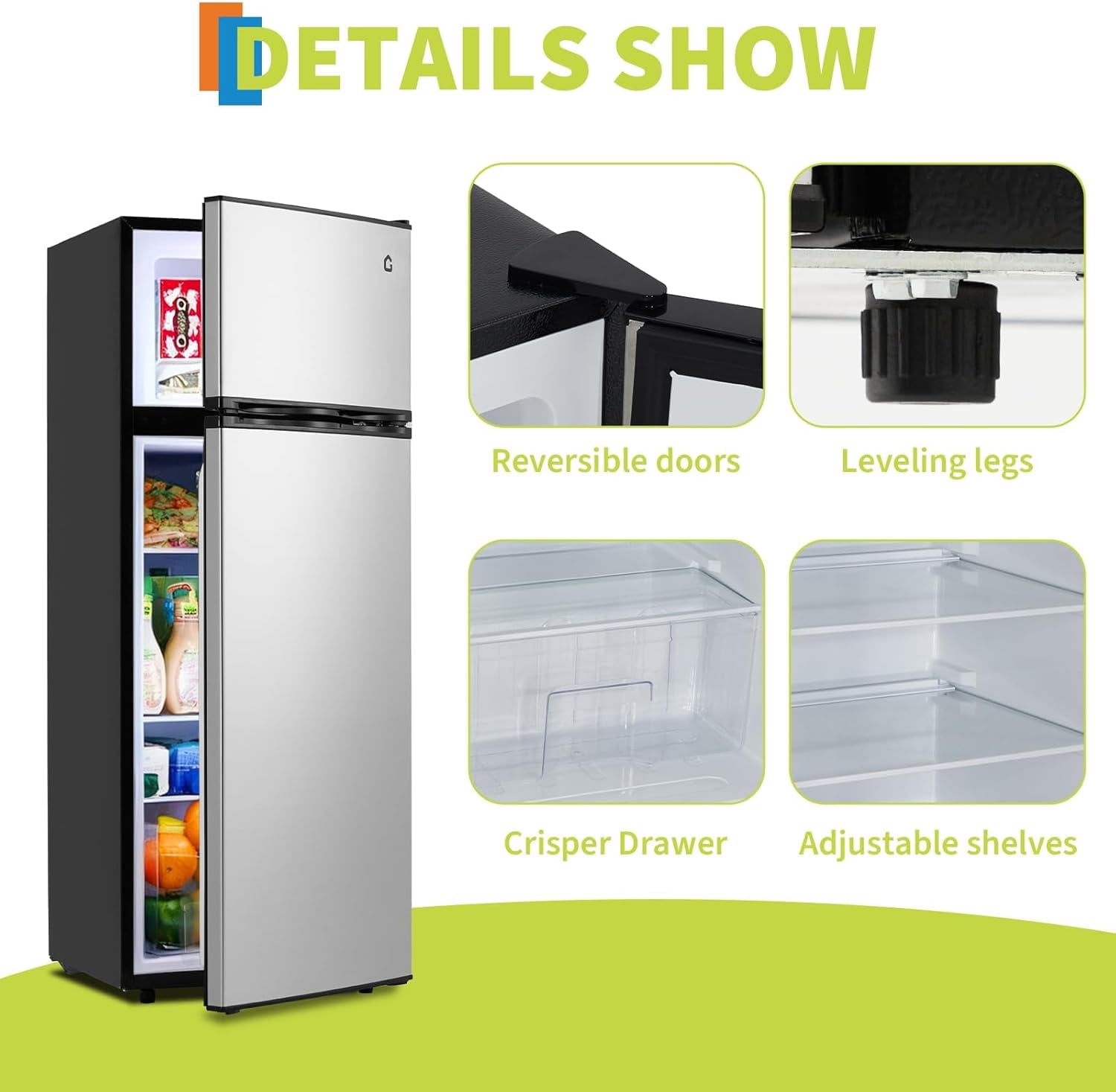 7.5 Cu.Ft Refrigerator with Freezer, 2 Door Fridge, 7 Settings Temperature Adjustable, Large Capacity, Food Storage or Cooling drinks,for Dorm, Office, Bedroom, Kitchen, Bar Use​
