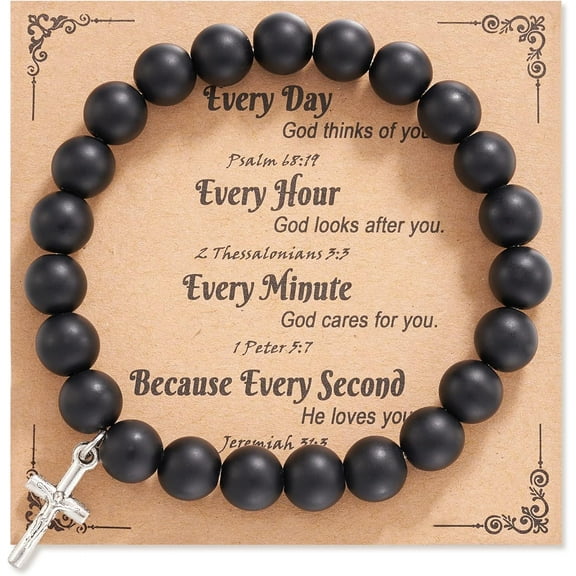 Christian Gifts for Women Men, Natural Stone Cross Bracelet Religious Catholic Faith Gifts with Quote Card