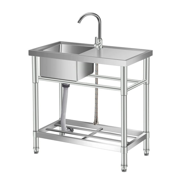 47" Stainless Steel Commercial Utility Sink, Freestanding Double Bowl Kitchen Sink Set with Cold and Hot Water Pipe, Workbench, Undershelf for Restaurant, Garage, Outdoor