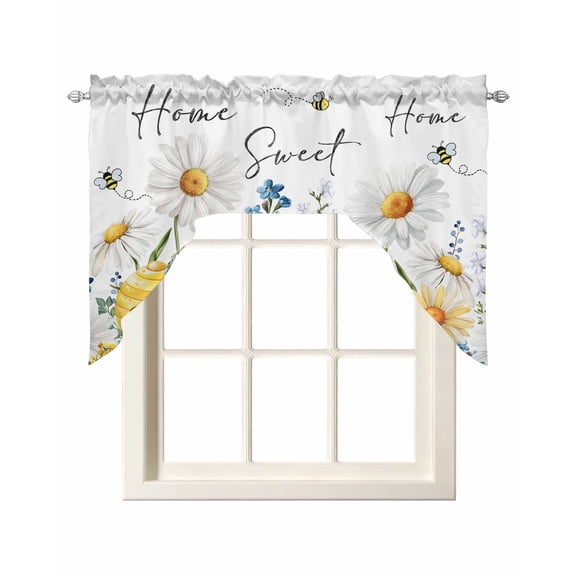 White Daisy Swag Valances for Windows, Small Curtains Drapes, Spring Floral Elegant Farmhouse Botanical Bees Kitchen Window Curtains Over Sink Window Treatment Valance for Bedroom/Bathroom 56"x36"