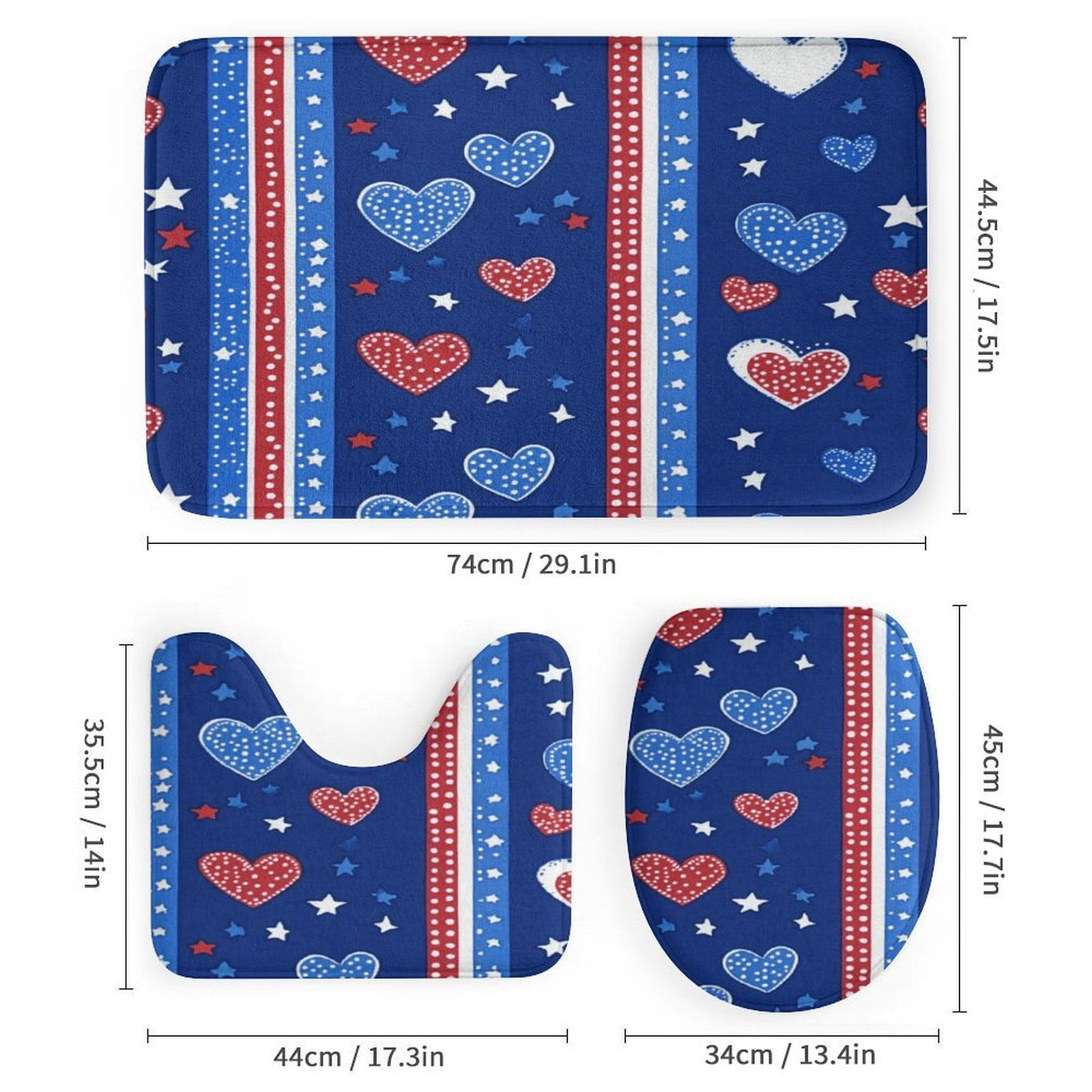 Shower Curtain Sets with Rugs 4 Piece USA Hearts & Stars Bathroom Sets with Curtain Rug Toilet Cover And U Shaped Mat Memorial Day Decorations Farmhouse Bathroom Shower Set for Bathroom Decor