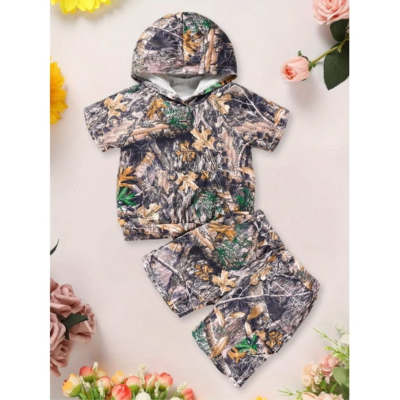 MORTTIC 2pcs Toddler Boys' Camouflage Hoodie and Shorts Set Casual Spring/Summer Outfit with Pockets, Soft Polyester, Comfortable and Stylish for Outdoor Play
