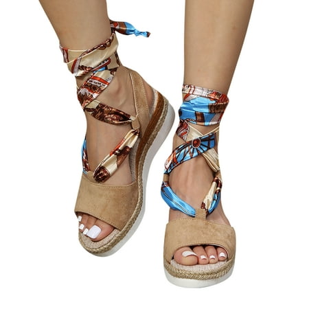 

GENILU Ladies Breathable Strappy Ankle Strap Wedge Sandals Anti Slip Platform Walking Thick Sole Espadrilles Sandal