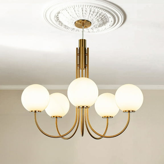 5-Light 32'' Wide Mid-Century Modern Glass Globe Bubble Chandelier Vintage Sputnik Aged Brass Opal Glass Pendant Light For Living Room And Kitchen