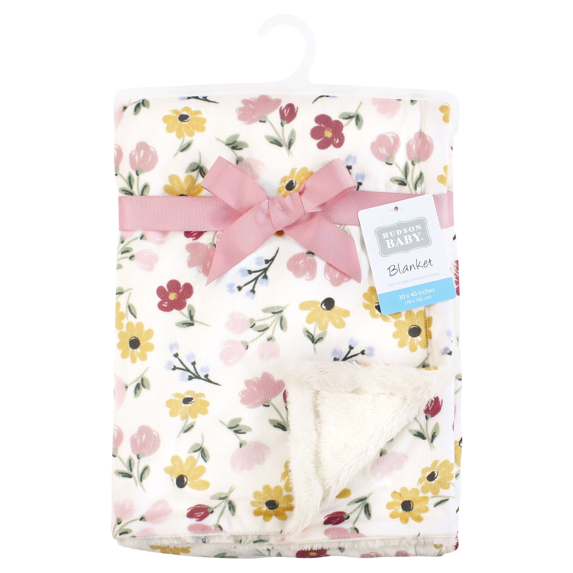 Hudson Baby Infant Girl Plush Blanket with Furry Binding and Back, Soft Painted Floral, One Size