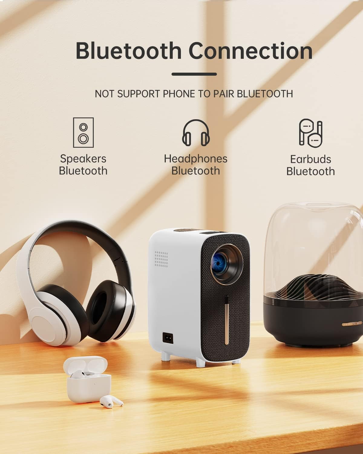HISION Mini Bluetooth Portable Movie Projector 1080P Projector 4K Home Projector Outdoor TV Projector 8500L Video LED Projector Compatible with TV Stick Laptop Phone Tablet HDMI USB DVD White