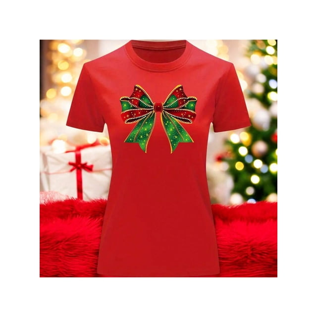 Playera Blusa Con Estampado De Moño Navideño Ropa Para Mujer Color Rojo Talla Grande Marca Emil SaEs