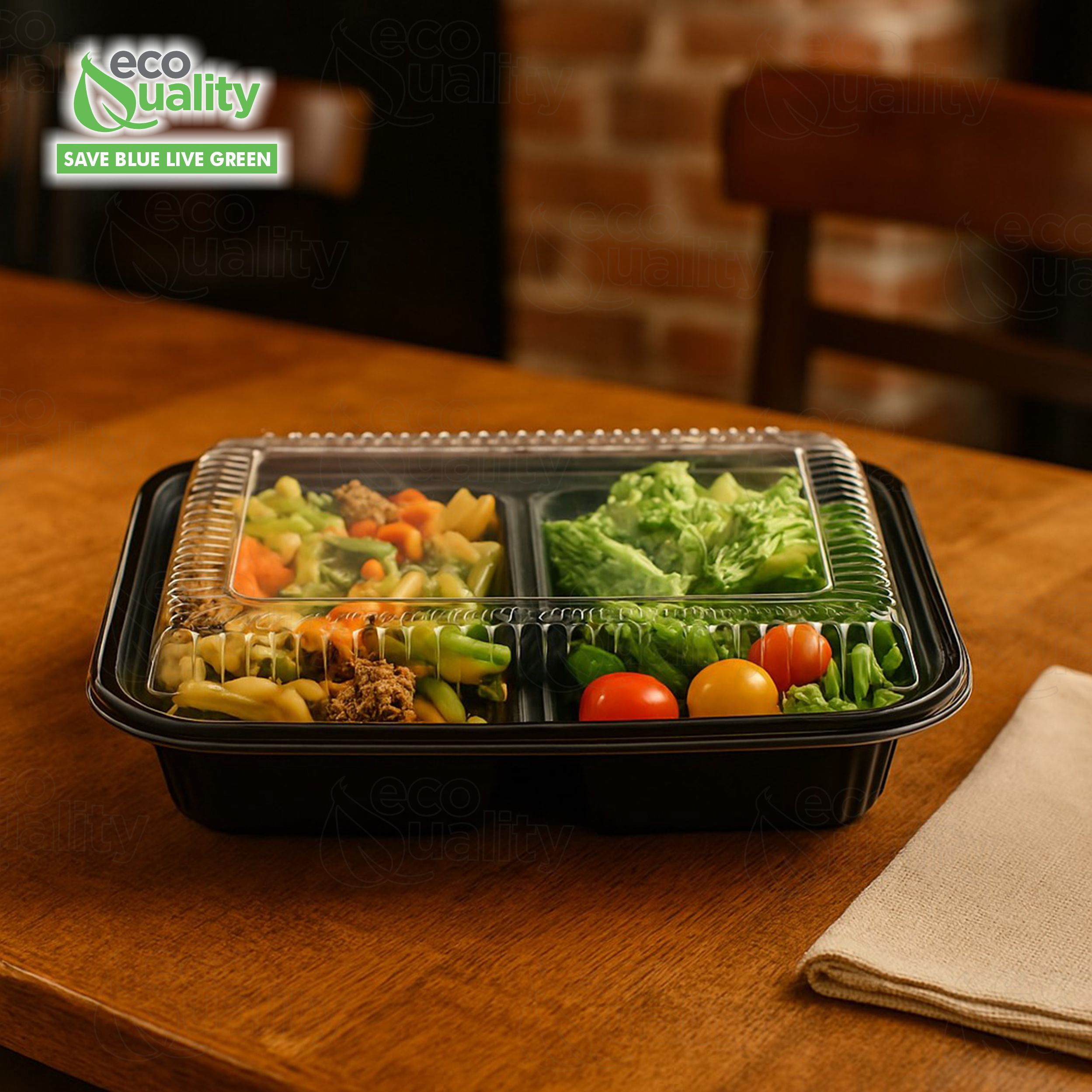 EcoQuality [45 Pack] 3 Compartment Black Disposable Container with Lids, Meal Prep Container, Food Storage Bento Box, Disposable, Stir Fry | Lunch Boxes | BPA Free