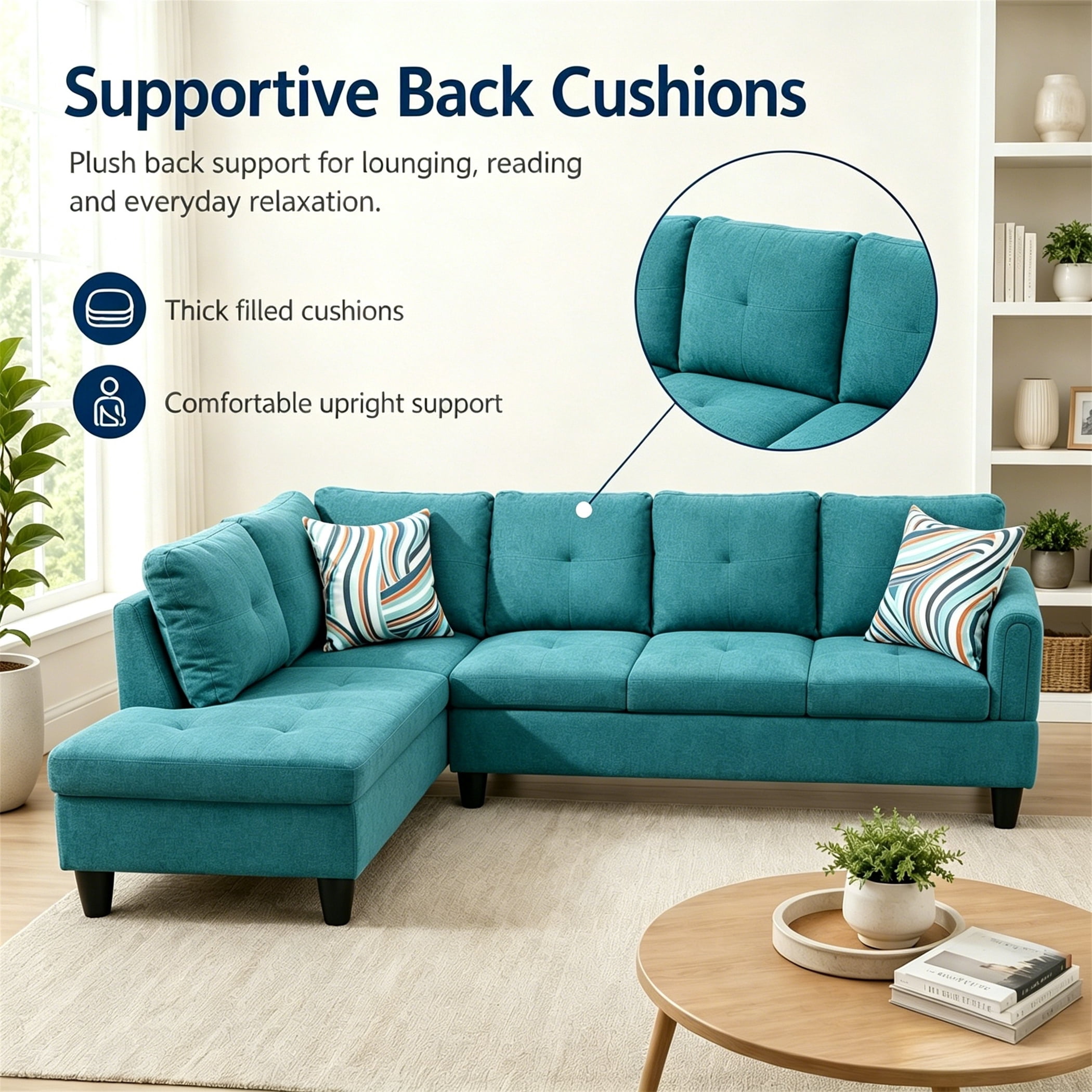 Aukfa 97" Classic Sectional Sofa 4 Seat L shape Couch with Oversized Left Chaise for Living Room, 2Pillows, Linen, Aqua Blue