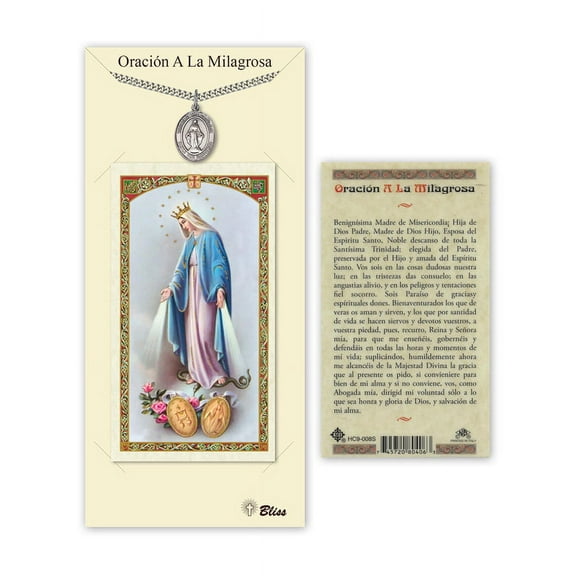 Pewter Virgen Milagrosa on a 18 inch Curb Chain with a Our Lady of Grace - Miraculous Medal Prayer Card