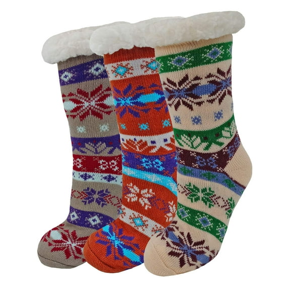 Womens Neutral Color Snowflake Print 3-Pack Sherpa Slipper Socks