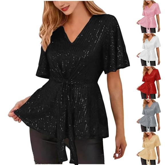 Otvok Womens Fashion V-Neck Sequin Short-Sleeved T-Shirts