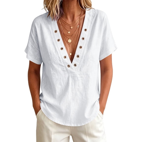 cocolona Summer V Neck Tops for Women Short Sleeve Grommet Eyelet Shirts Trendy Casual Solid Color Blouses