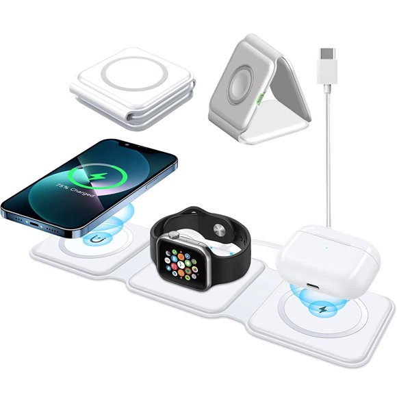 3 in 1 Foldable Wireless Charger, Magnetic Fast Wireless Charging Pad, Compatible with iPhone 14, 14Pro,13,12,SE,11,XS, Apple Watch, AirPods Pro (Adapter Not Included) - White