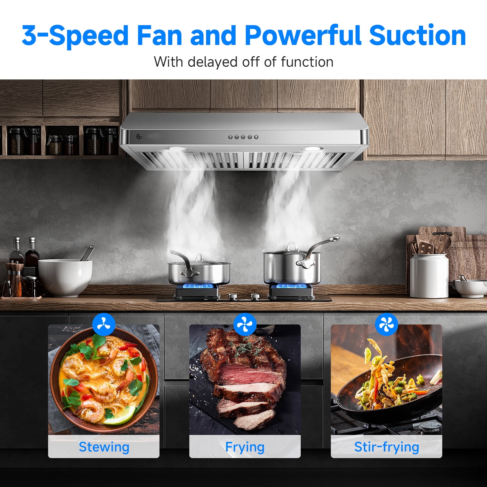 Sunmaki 30 inch Under Cabinet Range Hood with 3  Speed Exhaust Fan, 750CFM Fan Kitchen Stove Vent, Push Button