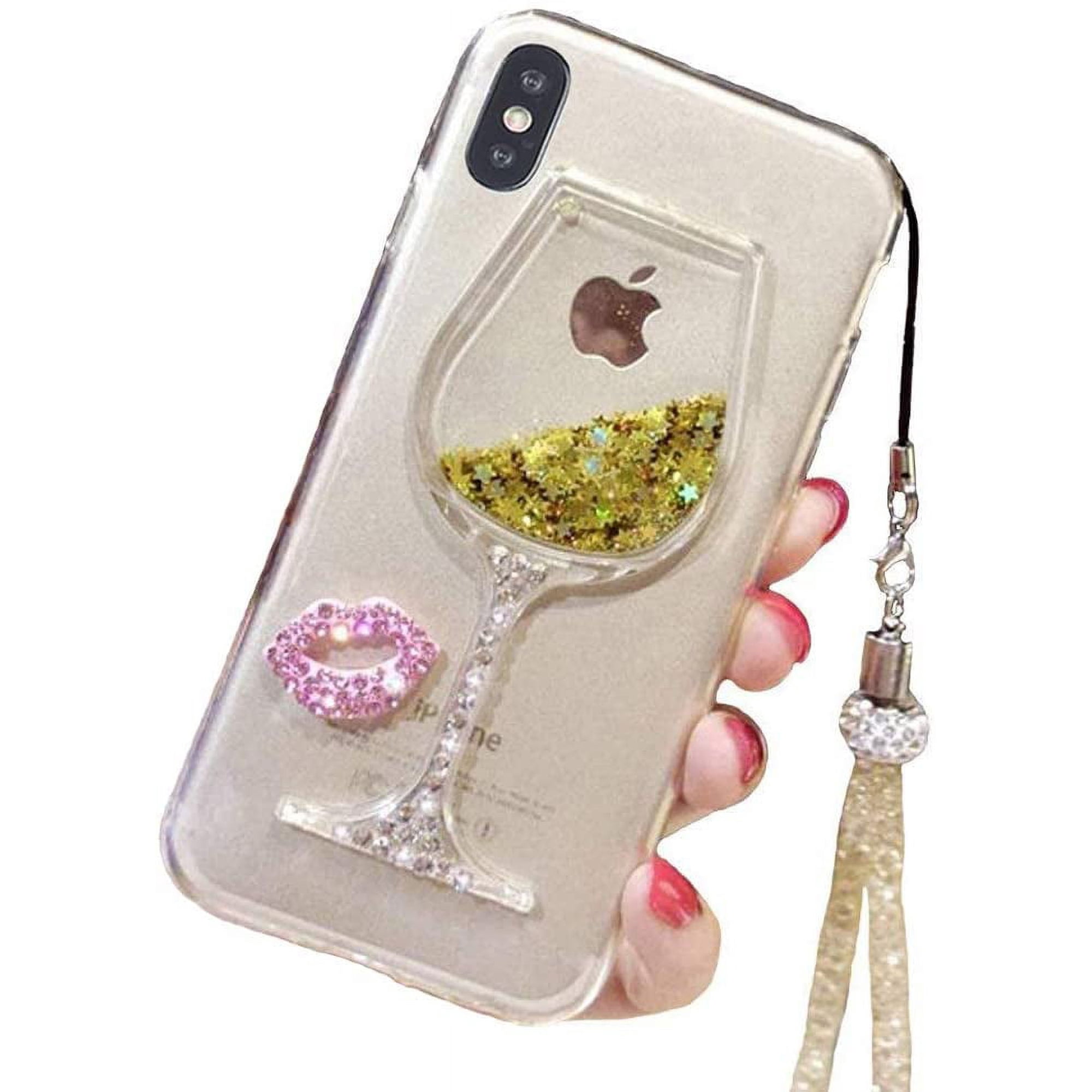 Liquid Glitter Case Compatible for iPhone XR 6.1 Inch (2018), Cute Goblet Wine Glass Quicksand Flowing Floating Bling Sexy Makeup Case for Girls with Neck Lanyard (Silver, iPhone XR)