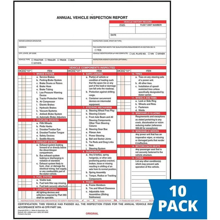 Annual Vehicle Inspection Report Form 10-pk. - Snap-Out Format, 3-Ply, Carbonless, 8.5 annual-vehicle-inspection-report-form-10-pk-snap-out-format-3-ply-carbonless-8-5-x-11-75-meet-dot-avir-requirements-under-49-cfr-10-pack-walmart-com