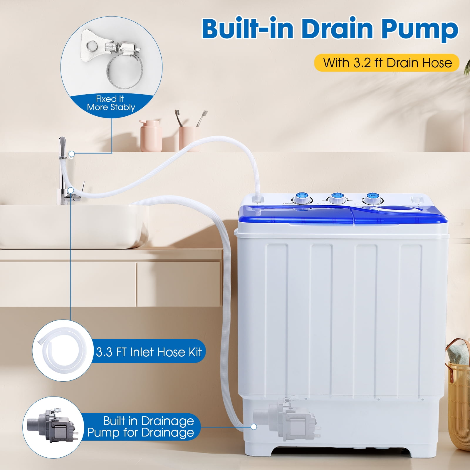 Dawmilon Portable Twin Tub Washing Machine, 28 lb Capacity with Drain Pump, Compact Washer for Apartments, Dorms & RVs, Blue