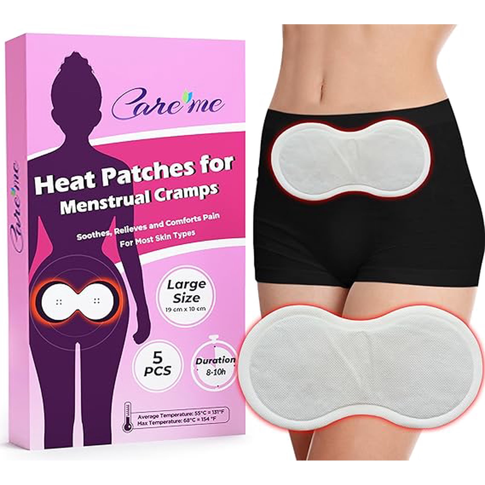 Care Me Heat Patches for Menstrual Cramps & Period Pain Relief - Disposable Heating Pads (3 Count) for Abdomen or Back Pain-Comparable to Thermacare Menstrual Heat Wraps (1 pack of 5 count)