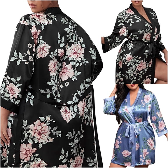 Sakmal Plus Size Robes for Women Long Satin Lightweight Bathrobe for Women House Black Women Robe 3XL