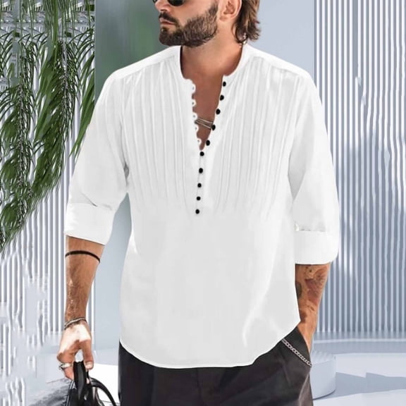 Yusimy Men's Cotton-Linen Blend Long Sleeve Shirt Solid Color Half-Button Stand-Up Collar Pleated Loose Summer Casual Top
