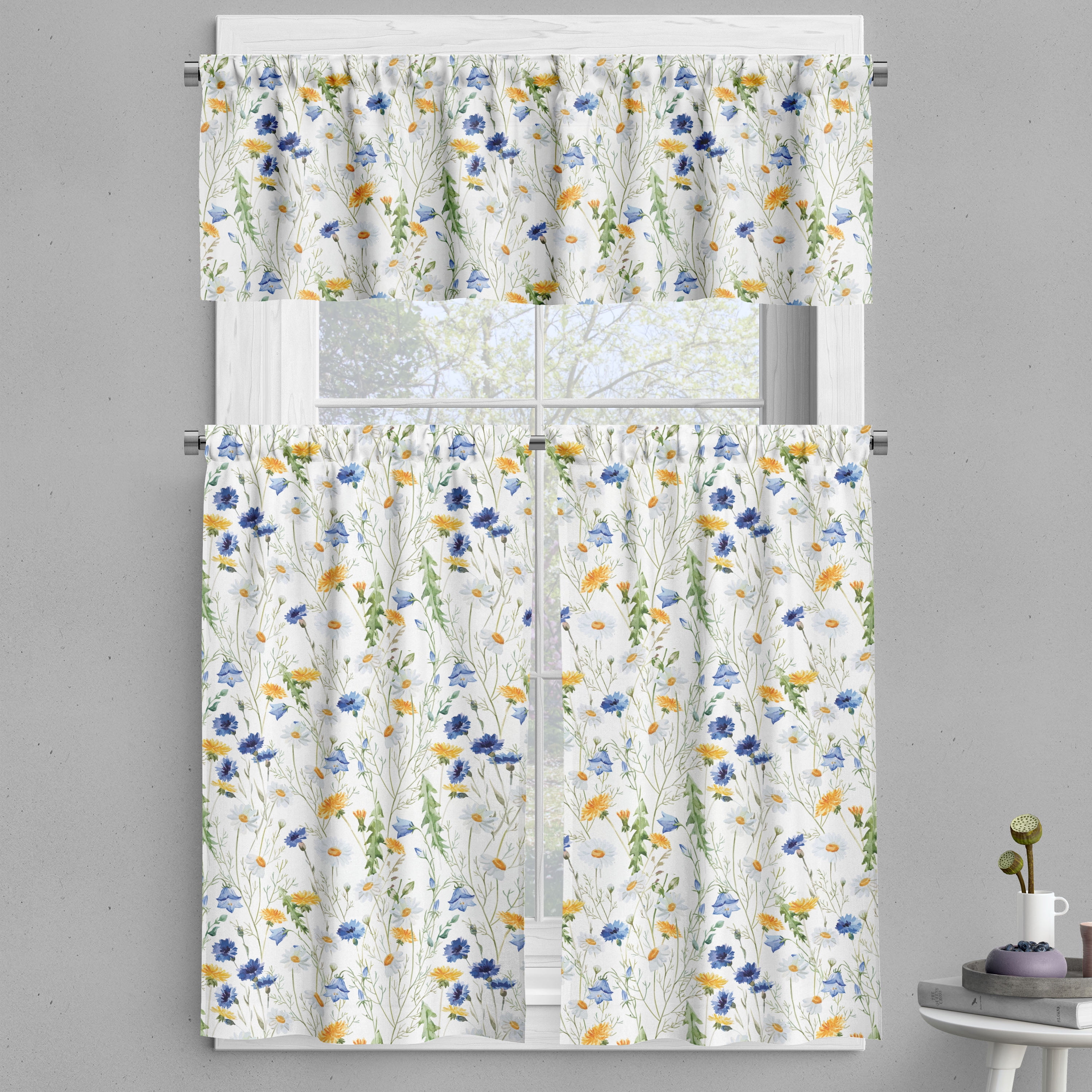 Flower Valance & Tier Curtain 3 pcs Set, Wild Flowers Poppies and