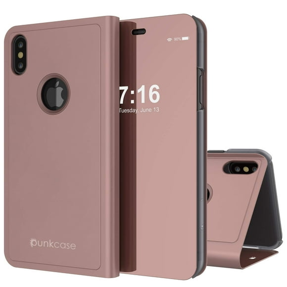 PunkCase for iPhone X Reflector Case Protective Flip Cover W/Scratch Resistant Semi Translucent Mirror Front & Non-Slip PU Leather Back Integrated Kickstand for iPhone X (Rose Gold)