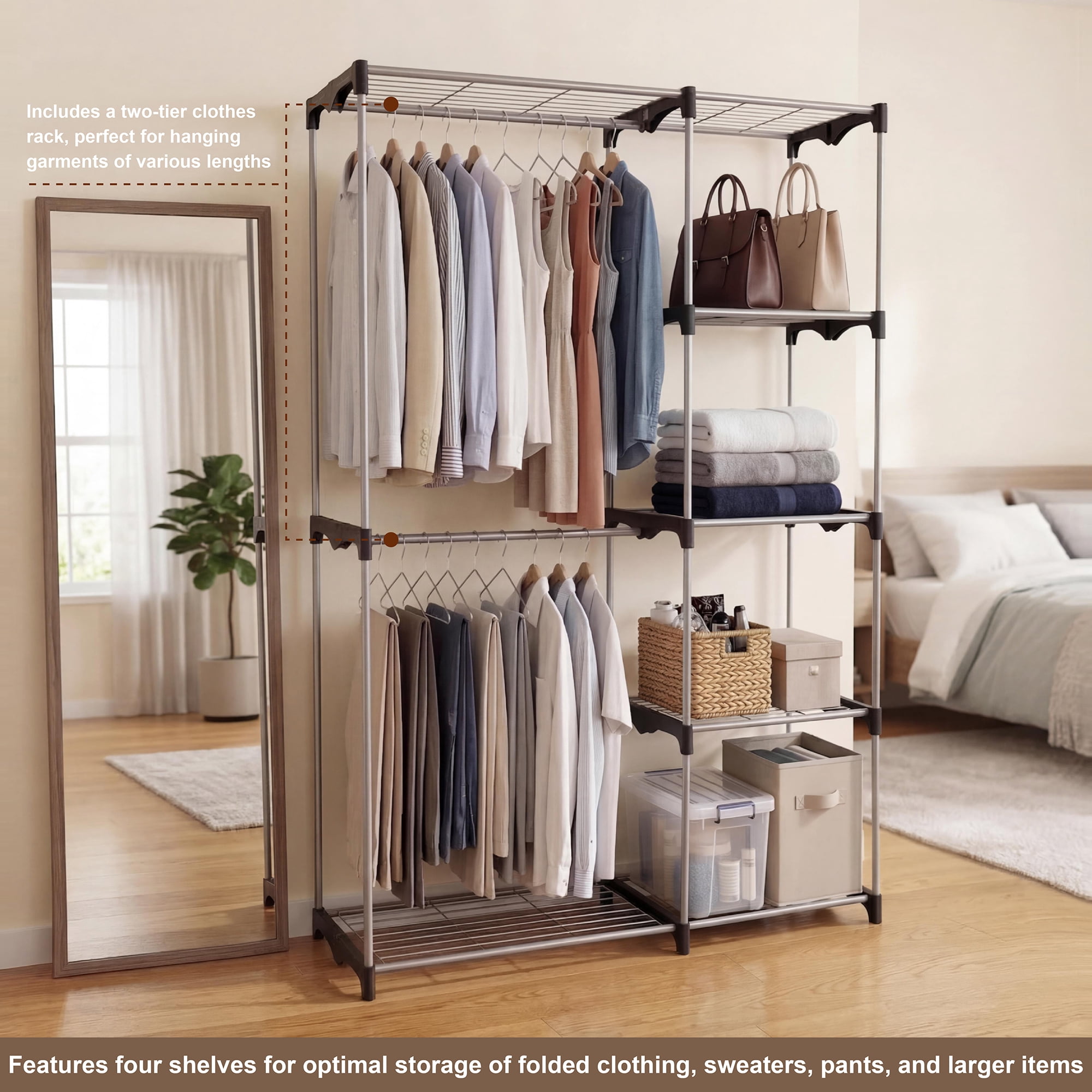 Mainstays 4-Shelf Metal Wire Closet Organizer with 2-Tier Clothes Rack