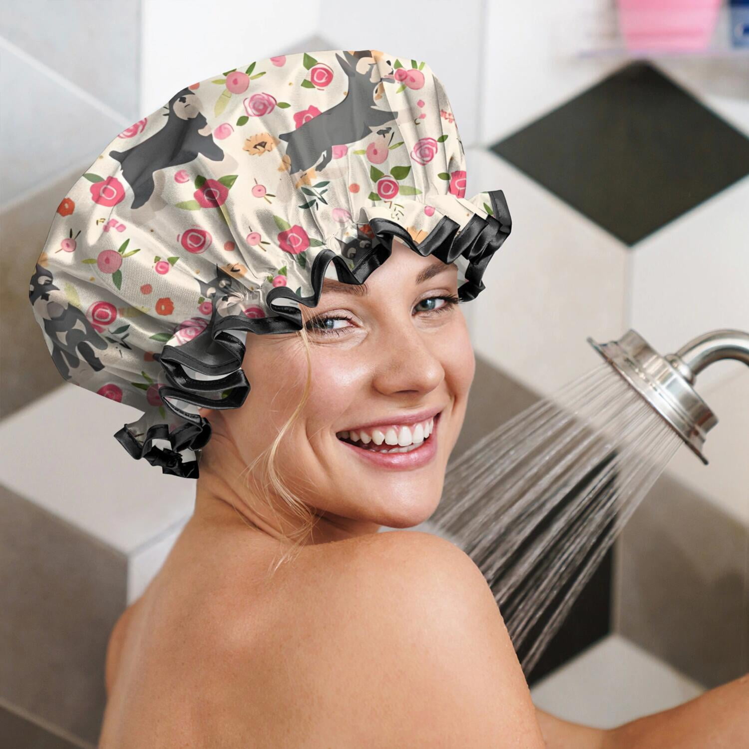 Shower Caps,Schnauzer Dog and Pioneer Flower Waterproof Shower Cap for Women 4 Pieces,Double Reusable Hair Cover for Shower PEVA Elastic Stretch Hem