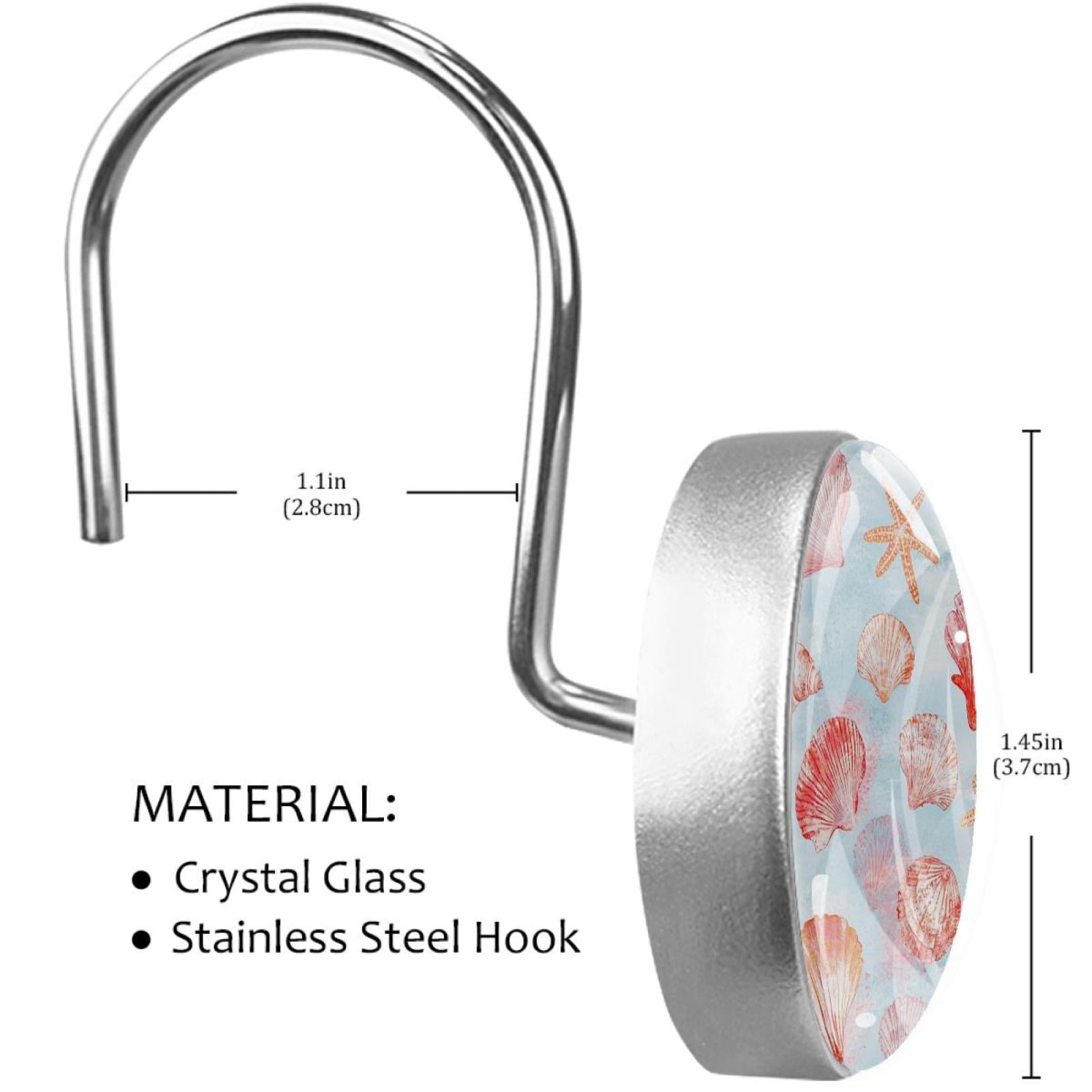 Beautiful Shells Shower Curtain Hooks Round Crystal Glass, Set of 12 Shower Curtain Rings - Shower Hooks for Curtain Shower Rings