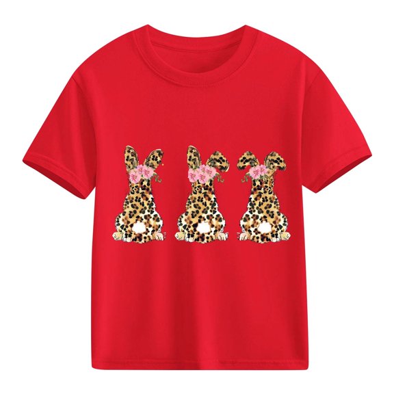 Girls Leopard Print Bunny Easter Shirt Kids Short Sleeve T-Shirt Soft Stretchy Casual Top Spring Summer Crew Neck Red,Size 3-4 T